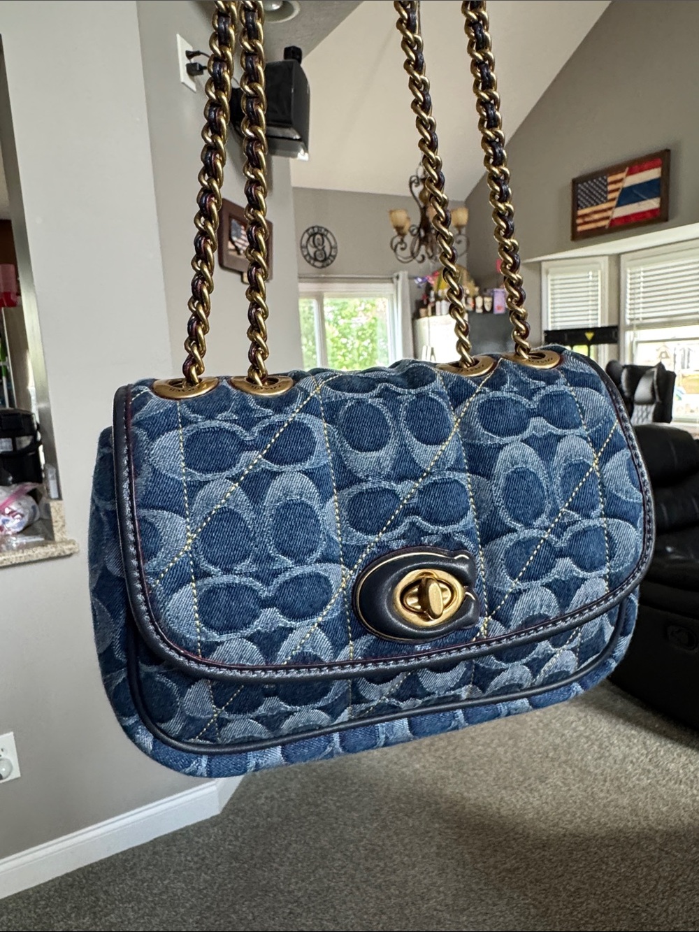 Coach Blue Denim Quilted Signature Shoulder Bag with Gold Chain